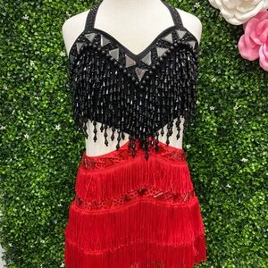 Glamour Black Beaded Fringe Top with Red Tiered Fringe Skirt